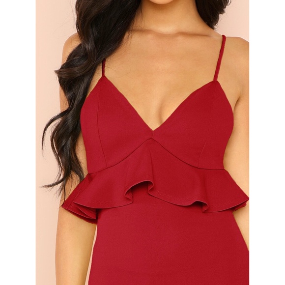 Maroon Red Ruffle Peplum Cami Bodycon Midi Dress - Picture 3 of 6
